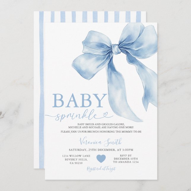 Invitación Cute Blue Bow Coquette Baby Sprinkle Baby Shower (Anverso / Reverso)