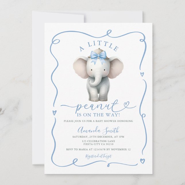 Invitación Cute Blue Bow Elephant Peanut Baby Shower  (Anverso)