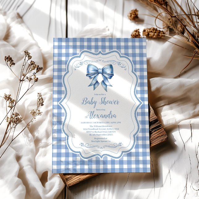 Invitación Cute Blue Bow Ribbon Gingham Baby Shower (Subido por el creador)