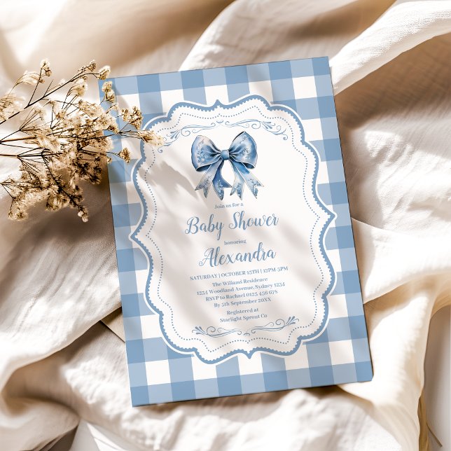 Invitación Cute Blue Bow Ribbon Gingham Baby Shower (Subido por el creador)