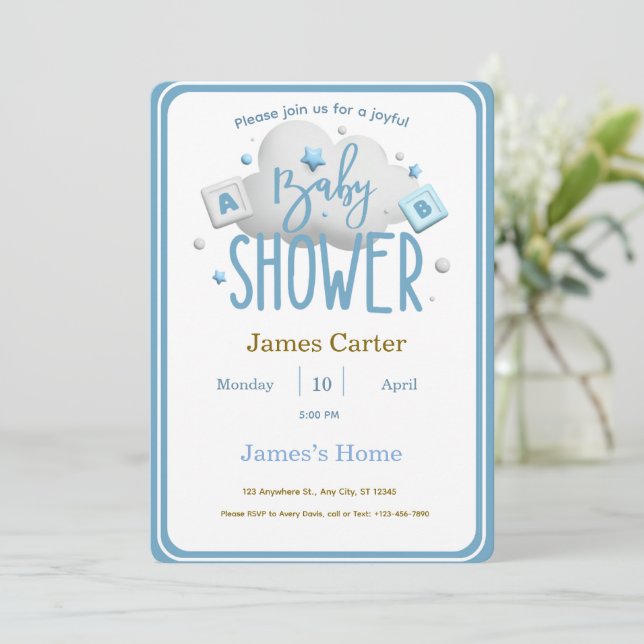 Invitación Cute Blue Boy Baby Shower Invitation (Anverso de pie)