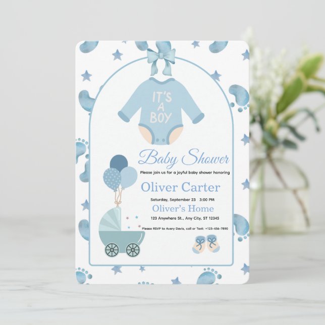 Invitación Cute Blue Boy Baby Shower Invitation (Anverso de pie)