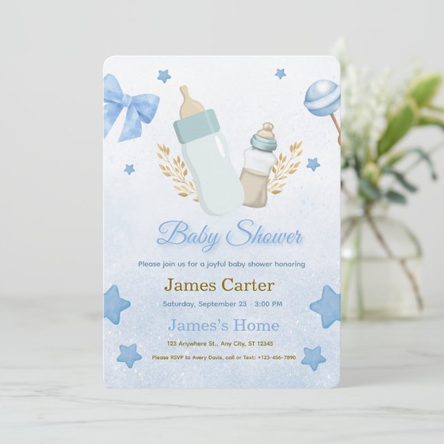 Invitación Cute Blue Boy Baby Shower Invitation (Anverso de pie)