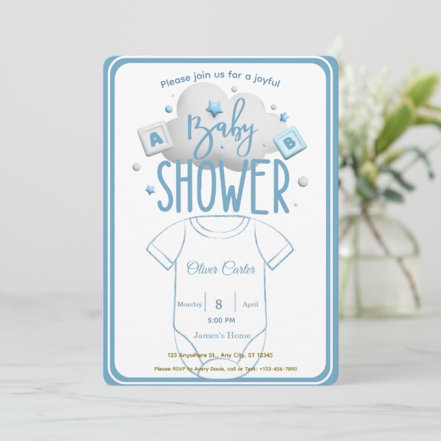 Invitación Cute Blue Boy Baby Shower Invitation (Anverso de pie)