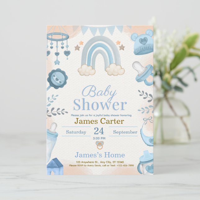 Invitación Cute Blue Boy Baby Shower Invitation (Anverso de pie)