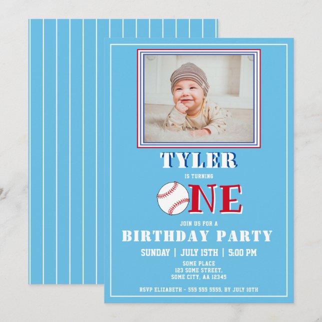 Invitación Cute Blue Boy Baseball Photo 1er cumpleaños (Anverso / Reverso)