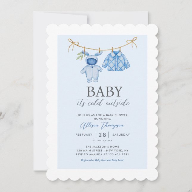 Invitación Cute Blue Boy Clothesline Winter Baby Shower (Anverso)