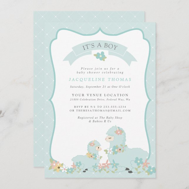 Invitación Cute Blue Boy Llama Baby Shower (Anverso / Reverso)