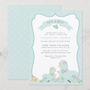 Invitación Cute Blue Boy Llama Baby Shower