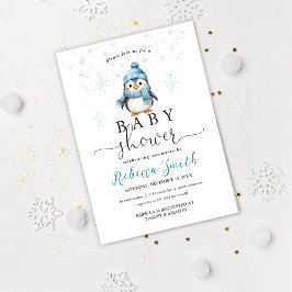 Invitación Cute Blue Boy Penguin Winter Baby Shower