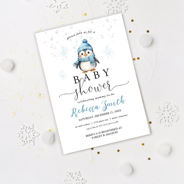 Invitación Cute Blue Boy Penguin Winter Baby Shower (Subido por el creador)