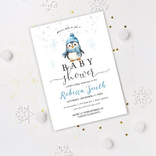 Invitación Cute Blue Boy Pingüino Invierno Baby Shower