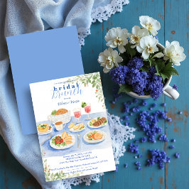 Invitación Cute Blue Bridal Brunch Table Vintage Illustration