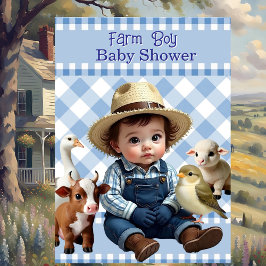 Invitación Cute Blue Check Farm Boy Baby Shower Animales