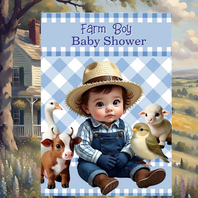Invitación Cute Blue Check Farm Boy Baby Shower Animales (Subido por el creador)