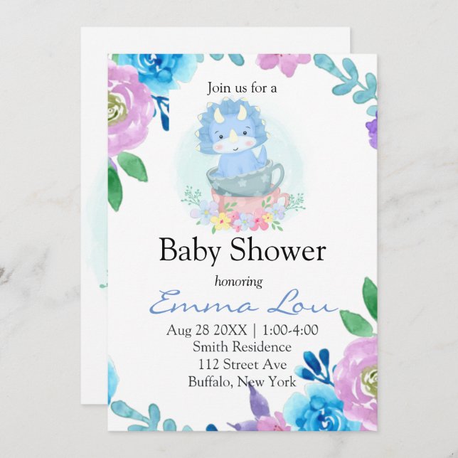 Invitación Cute Blue Dinosaur Floral Teacup Boy Baby Shower (Anverso / Reverso)