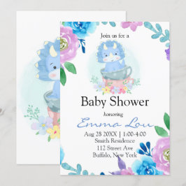 Invitación Cute Blue Dinosaur Floral Teacup Boy Baby Shower
