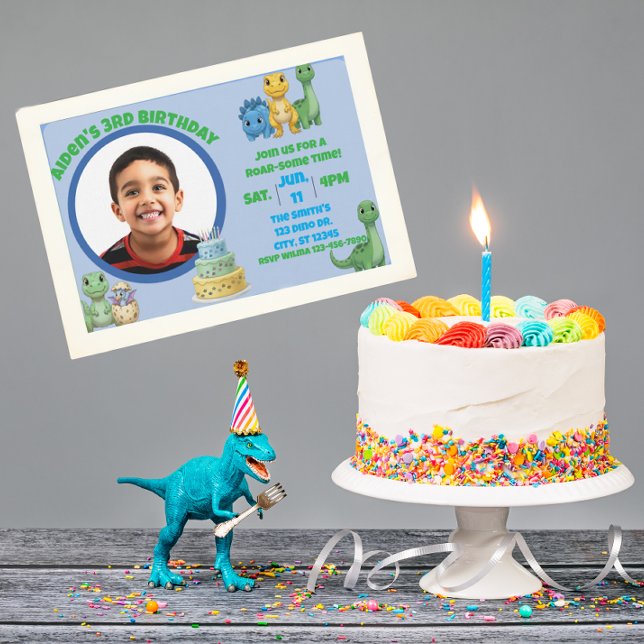 Invitación Cute Blue Dinosaur with Picture Birthday (Subido por el creador)