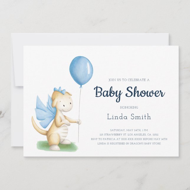 Invitación Cute Blue Dragon Boy Baby Shower (Anverso)
