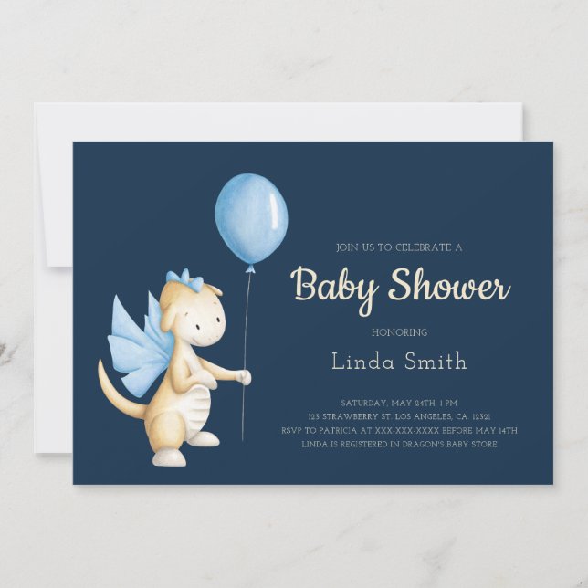 Invitación Cute Blue Dragon Boy Baby Shower (Anverso)