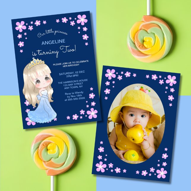 Invitación Cute Blue Dress Princess Floral Photo Birday (Subido por el creador)