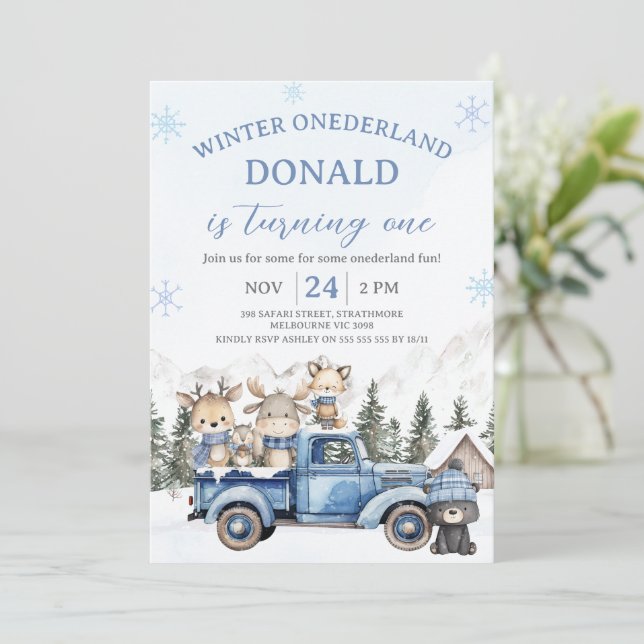 Invitación Cute Blue Editiable Winter Onederland Birthday  (Anverso de pie)