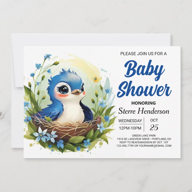 Invitación Cute Blue Elegant Bird Boy Baby Shower (Anverso)