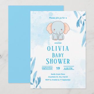 Invitación Cute Blue Elephant Baby Shower