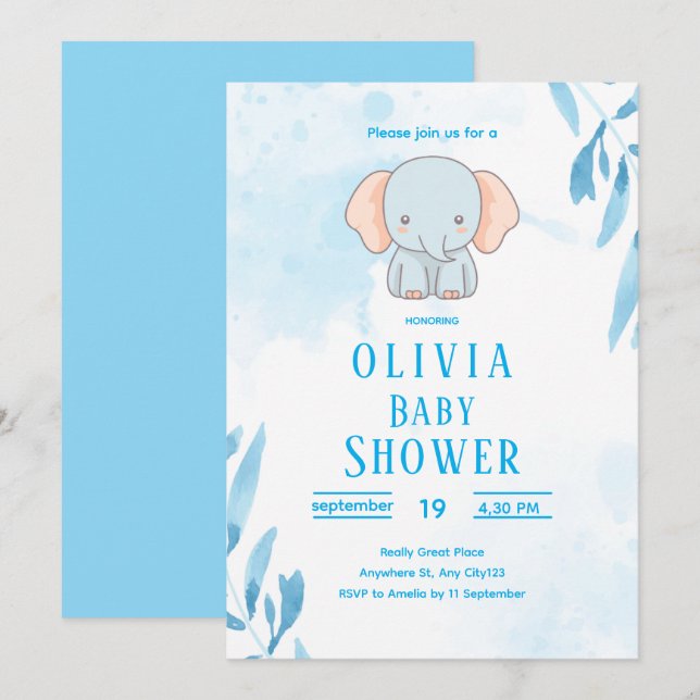 Invitación Cute Blue Elephant Baby Shower (Anverso / Reverso)