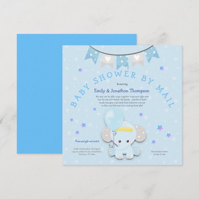 Invitación Cute Blue Elephant Baby Shower Por Correo (Anverso / Reverso)