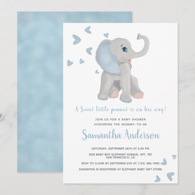 Invitación Cute Blue Elephant Baby Shower Watercolor (Anverso / Reverso)