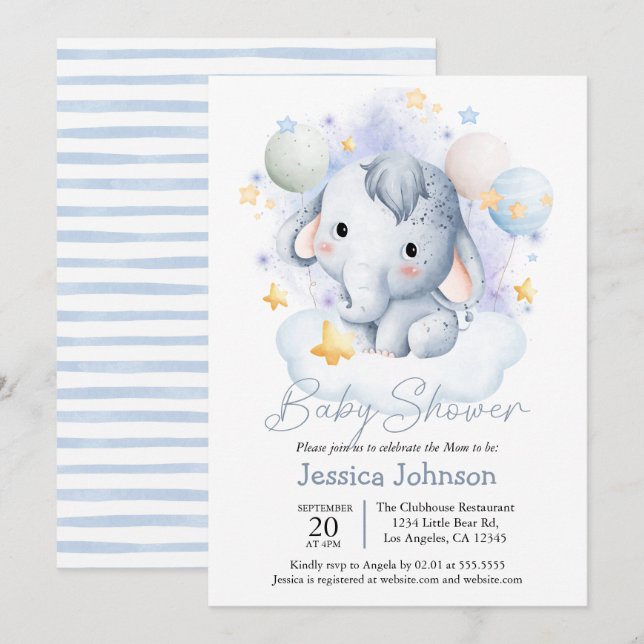 Invitación Cute Blue Elephant Stars Watercolor (Anverso / Reverso)