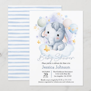 Invitación Cute Blue Elephant Stars Watercolor
