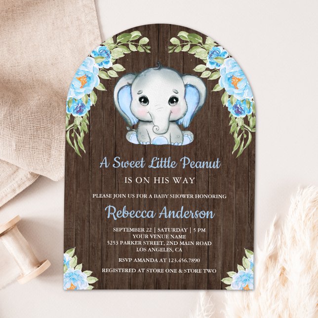 Invitación Cute Blue Floral Elephant Arch Wood Baby Shower (Subido por el creador)