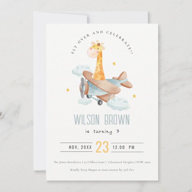 Invitación Cute Blue Fly sobre Giraffe Avión Animal Cumpleaño (Anverso)
