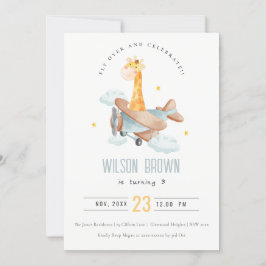 Invitación Cute Blue Fly sobre Giraffe Avión Animal Cumpleaño