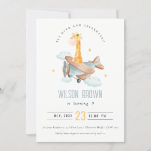 Invitación Cute Blue Fly sobre Giraffe Avión Animal Cumpleaño
