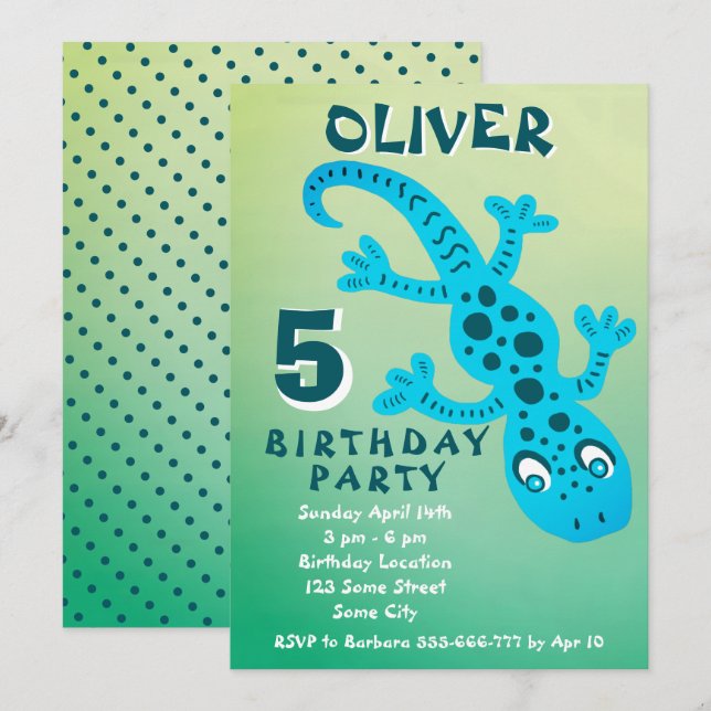 Invitación Cute Blue Gecko Lizard Boy Birthday Party  (Anverso / Reverso)