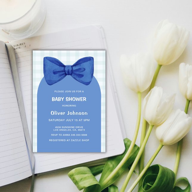 Invitación Cute Blue Gingham Plaid Arch Bow Boy Baby Shower (Cute Blue Gingham Plaid Arch Bow Boy Baby Shower Invitation)
