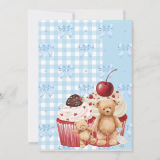Invitación Cute Blue Gingham Teddy Bear & Ribbon