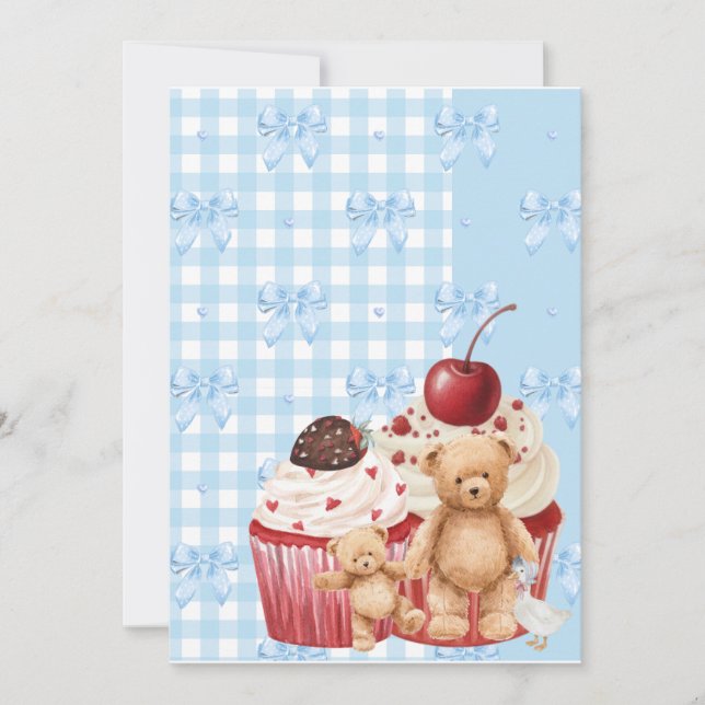 Invitación Cute Blue Gingham Teddy Bear & Ribbon  (Anverso)