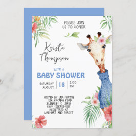 Invitación Cute Blue Giraffe Baby Shower