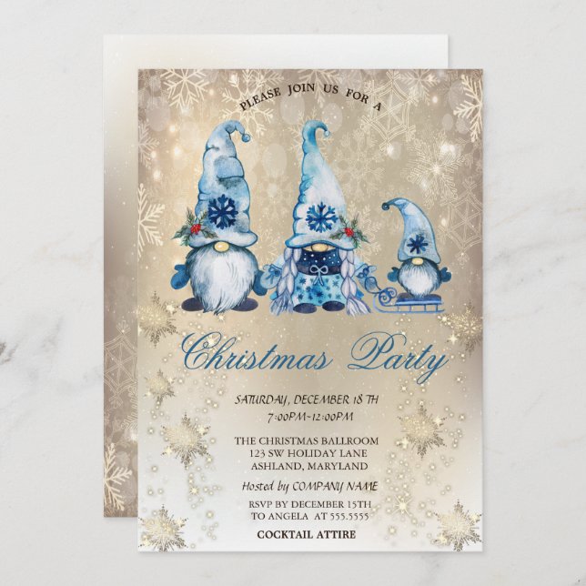 Invitación Cute Blue Gnomes Snowflakes Gold Fiesta (Anverso / Reverso)