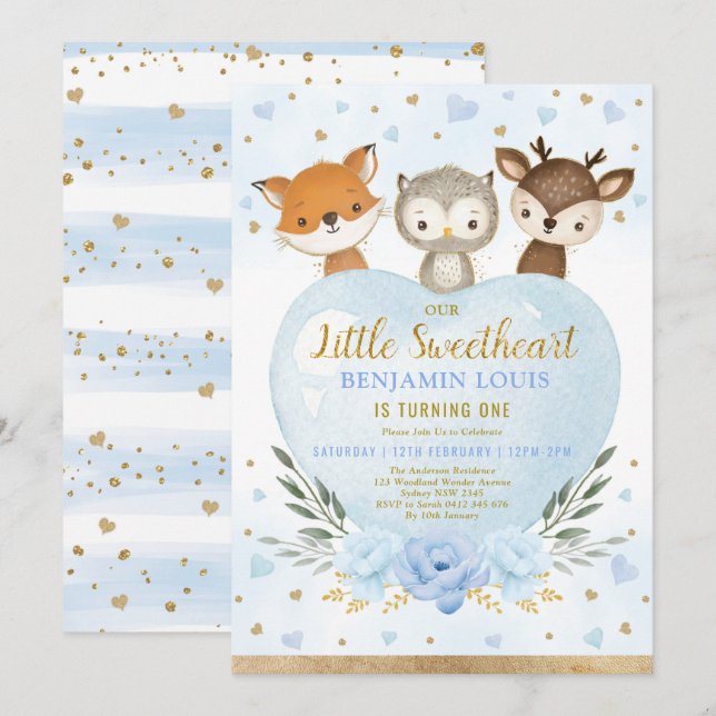 Invitación Cute Blue Gold Woodland Cariño primer cumpleaños (Anverso / Reverso)