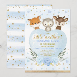 Invitación Cute Blue Gold Woodland Cariño primer cumpleaños