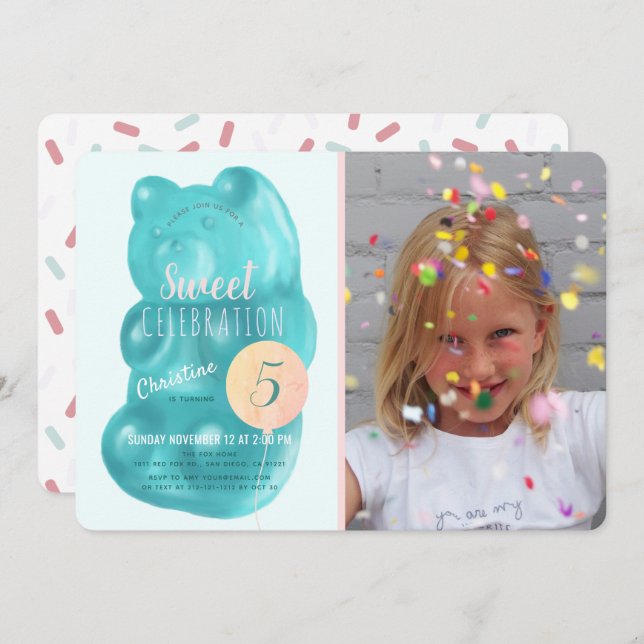 Invitación Cute Blue Gummy Bear Sweet Candy Photo Cumpleaños (Anverso / Reverso)