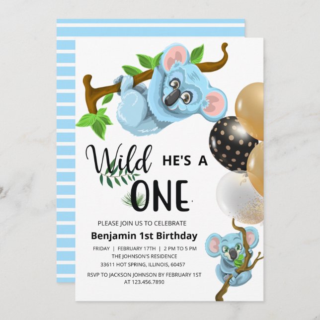 Invitación Cute Blue Koala Wild One Boy First Birday Party (Anverso / Reverso)