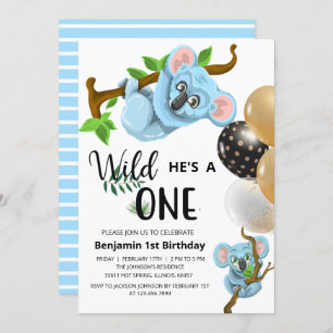 Invitación Cute Blue Koala Wild One Boy First Birday Party 