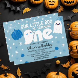 Invitación Cute Blue Little Boo Halloween Primer Cumpleaños