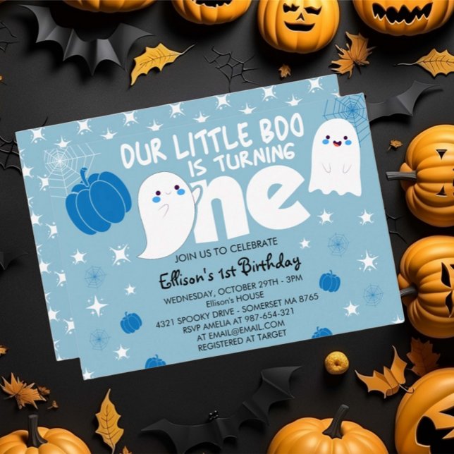 Invitación Cute Blue Little Boo Halloween Primer Cumpleaños (Subido por el creador)